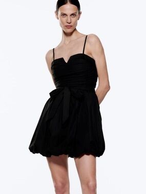 Zara Black Spaghetti-Strap Bubble Mini Dress with Waist Tie